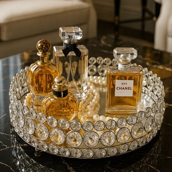 NWOT Vintage Bling Round Mirror Vanity Wedding Table Centerpiece Dessert Tray - Picture 1 of 5